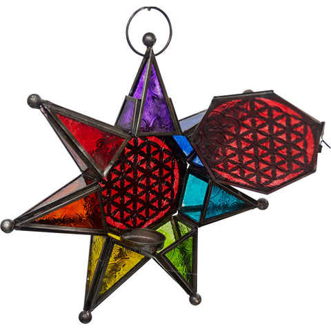 Glass & Metal Lantern Chakra Star w/ Flower of Life