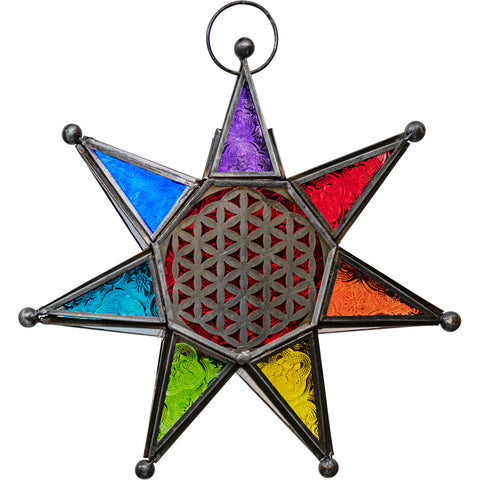 Glass & Metal Lantern Chakra Star w/ Flower of Life