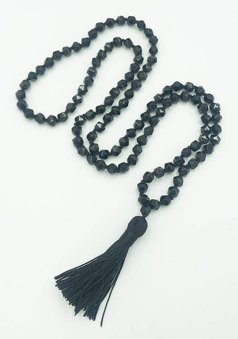 Black Tourmaline Icosahedron 20 sided Knotted 108 Mala 7mm