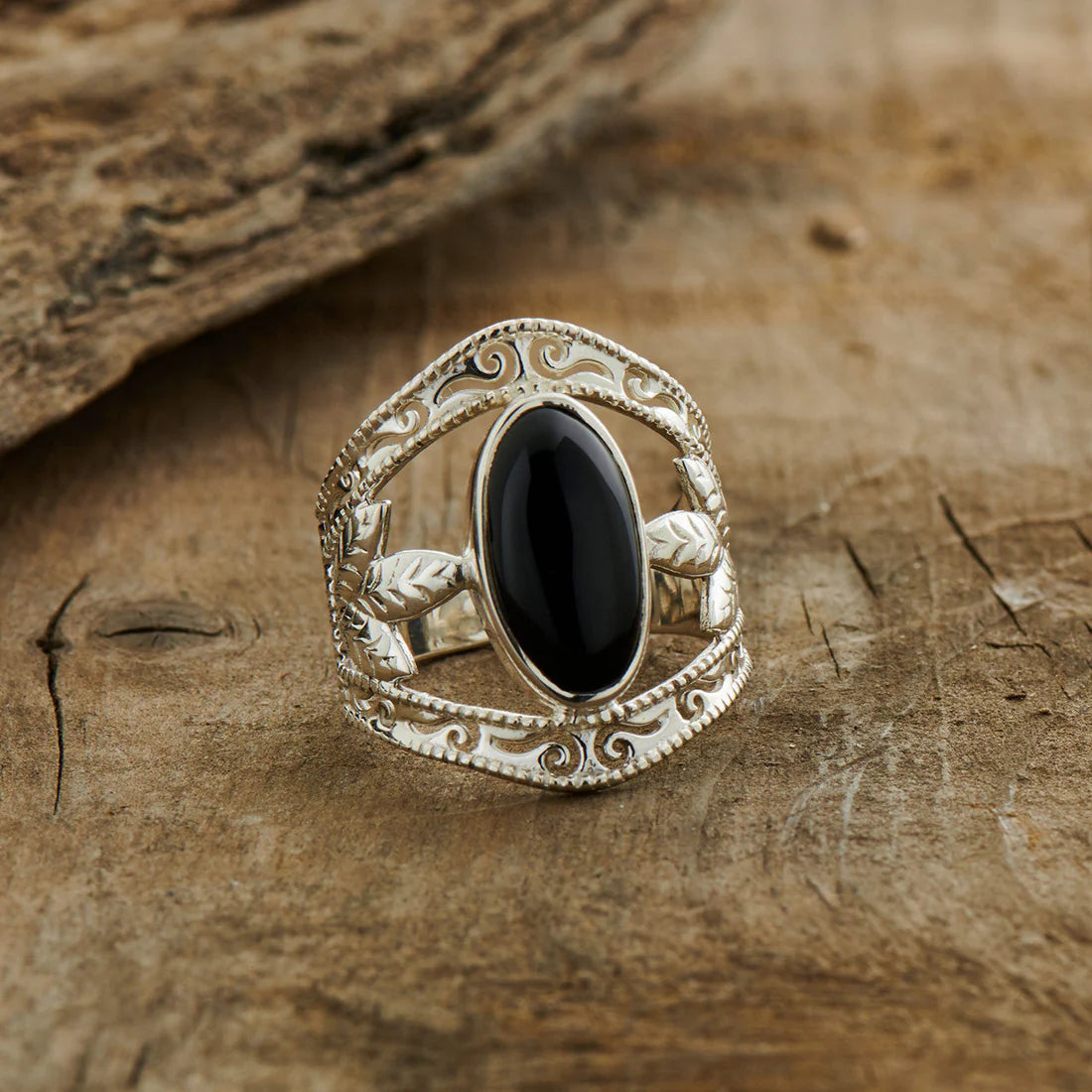 Black Onyx Sterling Silver Leaf Ring