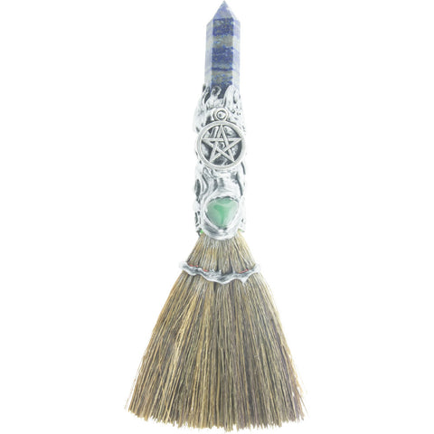 Gemstone Wicca Broom 7.5in - Lapis w/ Silver Pentacle