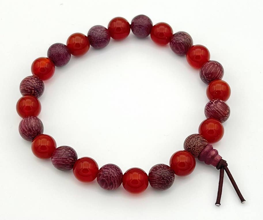 Carnelian & Purpleheart Wood Beaded Bracelet Wrist Mala 8mm