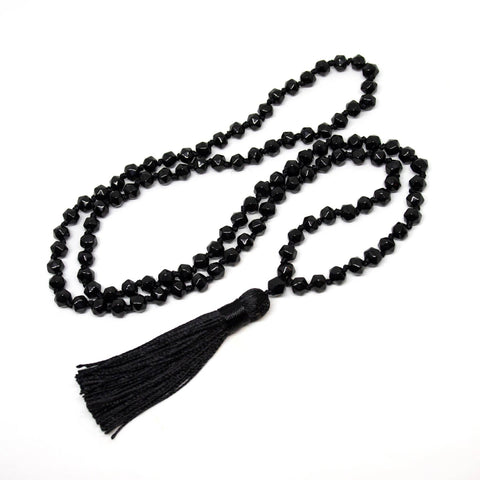 Black Tourmaline Icosahedron 20 sided Knotted 108 Mala 7mm