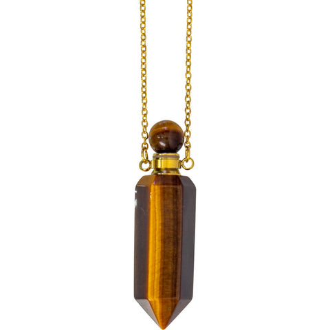 Gemstone Point Pendant Perfume Bottle Necklace - Tiger Eye