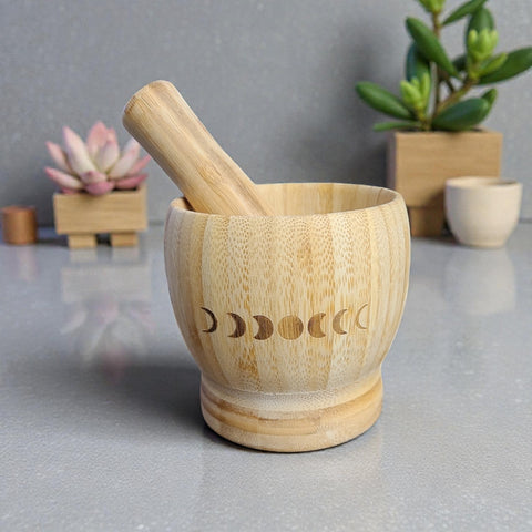 Moon Phase Wooden Mortar & Pestle 4" x 4"