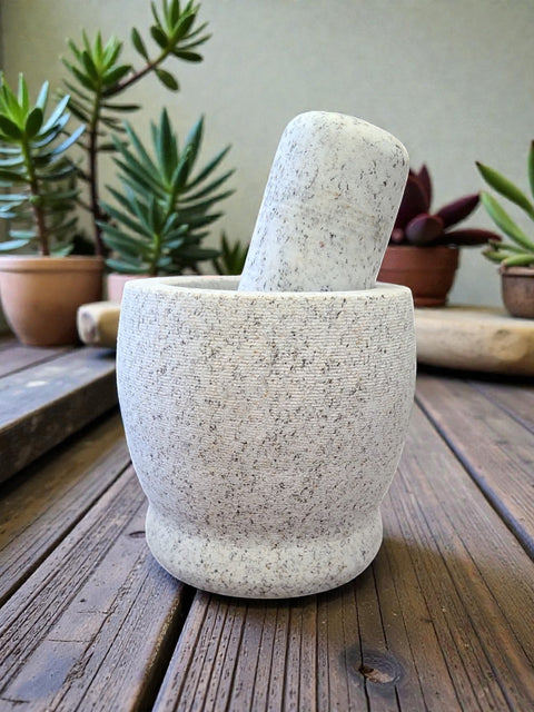White Granite Mortar and Pestle Set – Natural Speckled Stone Grinder, 4" x 4"
