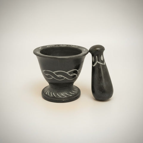 Black Soap Stone Celtic Knot Carved Black Mortar & Pestle