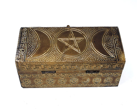 Triple Moon Pentagram Carved Metal over Wood Hut Shape Box