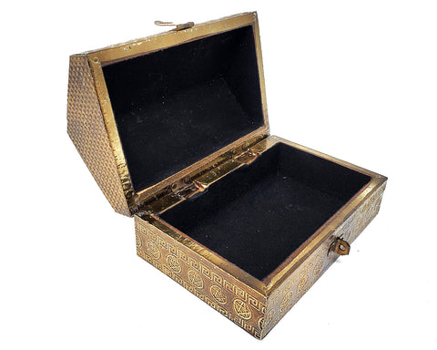 Triple Moon Pentagram Carved Metal over Wood Hut Shape Box