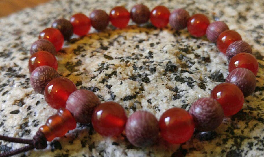 Carnelian & Purpleheart Wood Beaded Bracelet Wrist Mala 8mm