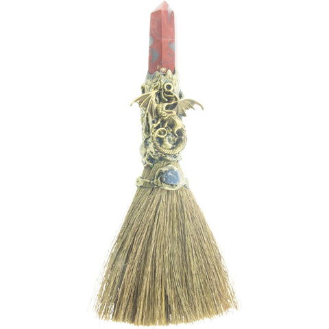 Gemstone Wicca Broom 7.5in - Red Jasper w/ Gold Dragon