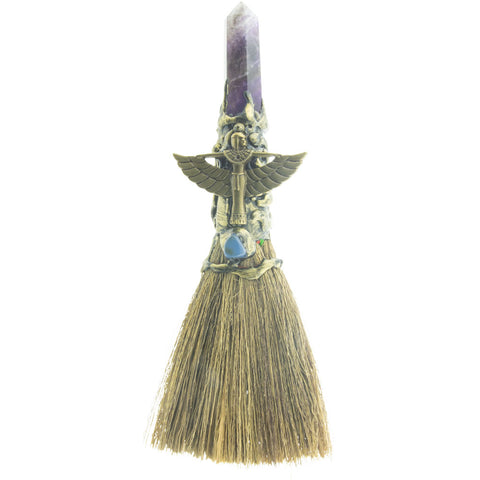 Gemstone Wicca Broom 7.5in - Amethyst w/ Gold Isis