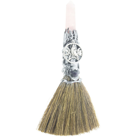 Gemstone Wicca Broom 7.5in - Rose Quartz w/ Silver Raven