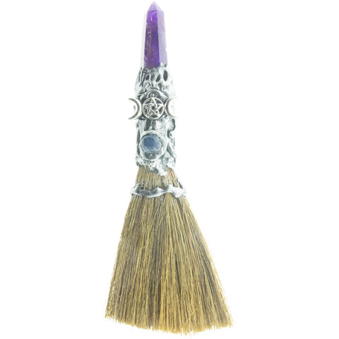 Gemstone Wicca Broom 7.5in - Amethyst w/ Silver Triple Moon