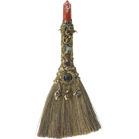 Gemstone Wicca Broom 13in - Red Jasper w/ Gold Dragon