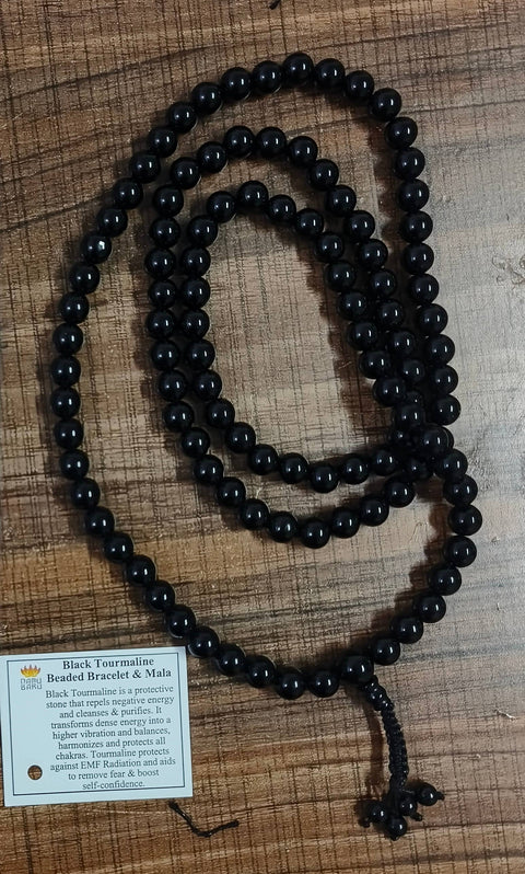 Black Tourmaline Round Bead Zen Unknotted 108 Mala - 7mm