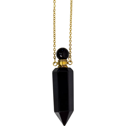 Gemstone Point Pendant Perfume Bottle Necklace - Black Obsidian