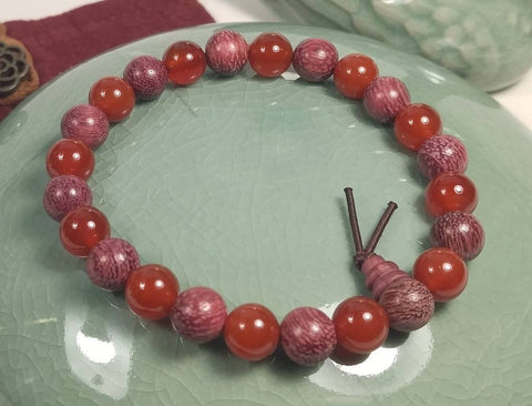 Carnelian & Purpleheart Wood Beaded Bracelet Wrist Mala 8mm