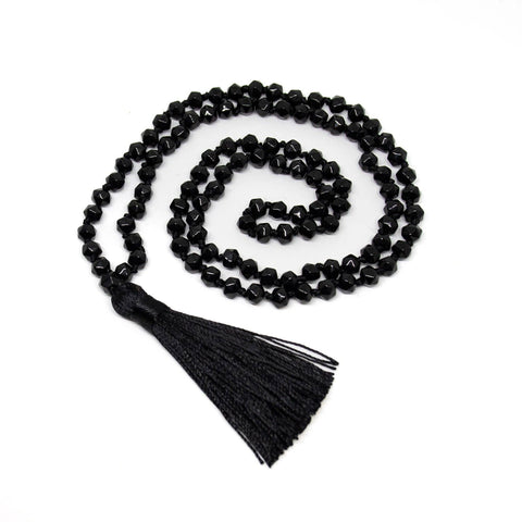 Black Tourmaline Icosahedron 20 sided Knotted 108 Mala 7mm