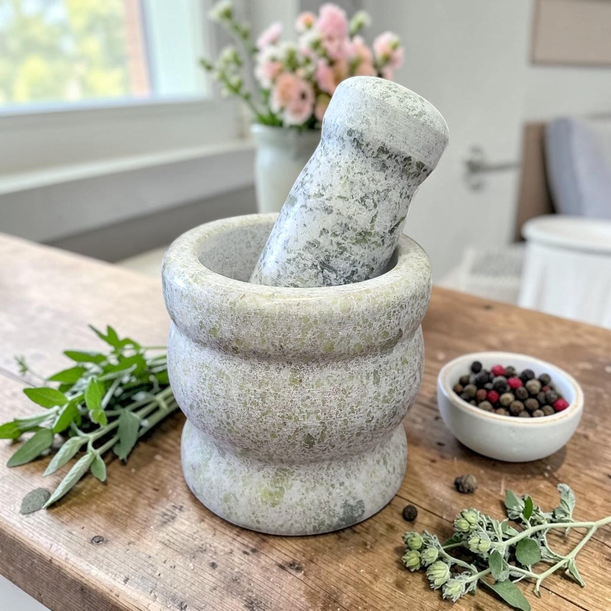 Grey & Green Natural Stone Mortar and Pestle