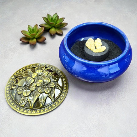 Royal Blue Ceramic Incense Burner Bowl with Lid
