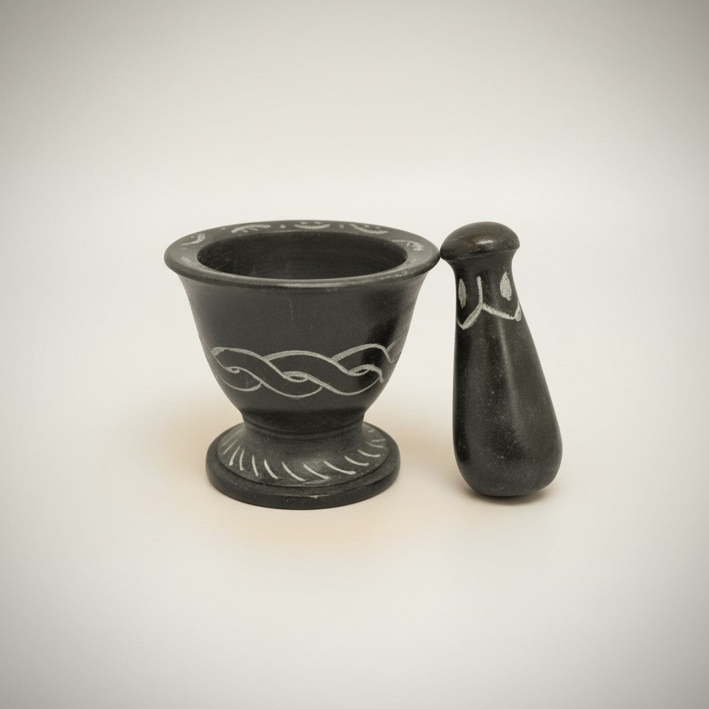 Black Soap Stone Celtic Knot Carved Black Mortar & Pestle