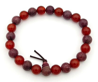 Carnelian & Purpleheart Wood Beaded Bracelet Wrist Mala 8mm
